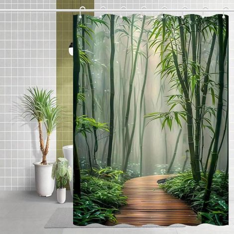 Duschvorhang mit Bambusmuster, 120 x 180 cm, aus Polyester – wasserdicht und schimmelresistent – antibakterielle Beschichtung – inklusive Ringe (1/5)