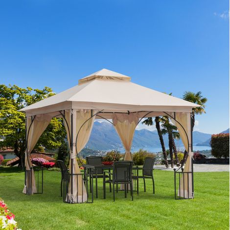 Pavillon de jardin beige avec double toit, moustiquaires zippées, évacuation de l'eau, structure en métal 295 x 295 cm (1/5)