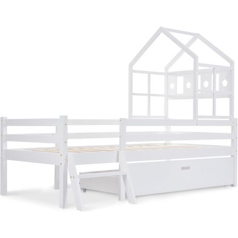 Lit superposé cabane 90x200 blanc avec échelle et tiroirs (1/5)