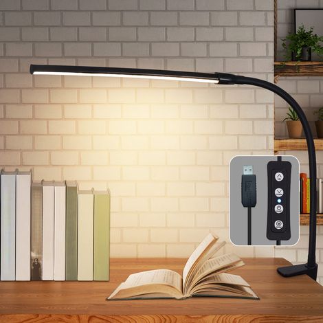 ZMH Lampe de bureau LED à pince - Lampe de bureau noire 3 couleurs et 5 niveaux de luminosité USB 5 W Lampe de lumière du jour Protection des yeux Lampe de table à col de cygne pour bureau Schneider (1/5)