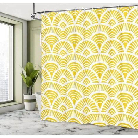 Rideau de douche vintage - - 150x180 cm - Jaune et blanc - Imperméable - Lavable en machine - Rayures (1/4)