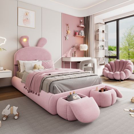 Cama infantil 90x200 cm, Cama individual con cabecero orejas de conejo y LED regulable, Estructura de madera y terciopelo con 2 pufs de almacenaje, Rosa (1/5)