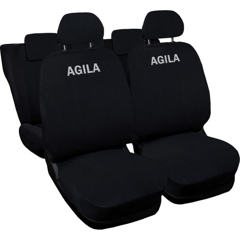 Lupex shop - Coprisedili Auto Compatibili per Agila, Made In Italy, set di copri sedili anteriori e posteriori con copri poggiatesta incluso, tessuto poliestere, colore unico Nero