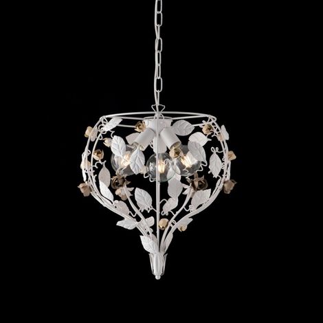 Araña de luces de hierro lacado blanco con decoración cutre 3 luces y acabados marfil y gris tórtola
