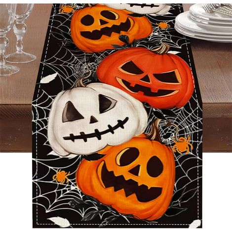 Camino de mesa con estampado de calabazas de Halloween, decoración naranja para cocina y comedor, 33 x 183 cm (1/5)