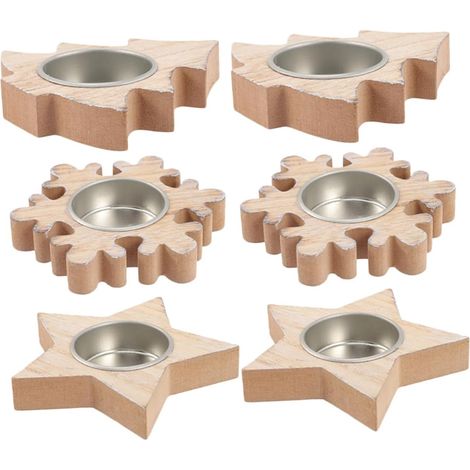 Set aus 6 dekorativen Kerzenhaltern aus Holz für den Esstisch, mit Holzrand, für Weihnachtskerzen.