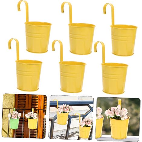6 vasi da fiori sospesi in metallo, 10 cm, piccoli vasi da fiori sospesi, adatti per balcone interno/esterno - Con ganci rimovibili - Giallo (1/5)