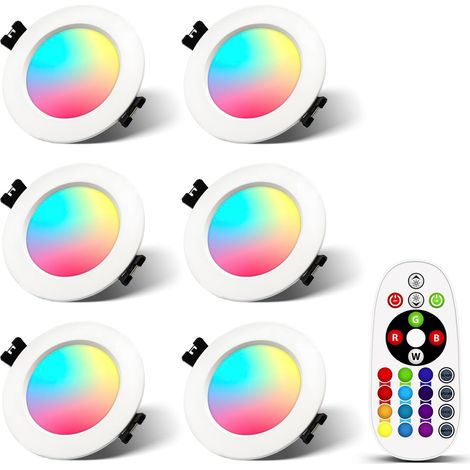Spot led encastrable 230V 7W, Spots de plafond RGB avec télécommande IR WW CW RGBW lumière encastrable plafonnier LED dimmable en aluminium plat salle de bain, 6 pièces