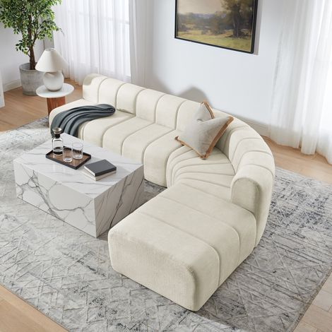 Sofá rinconera modular de 4 plazas en chenilla beige, comprimido, HAVRYA (1/5)