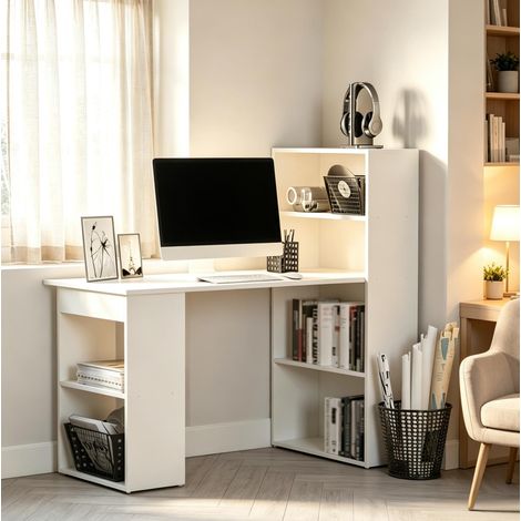Scrivania con libreria integrata, 3 nicchie e 2 ripiani, 120 x 55 x 120 cm, bianco DESVIAE (1/5)