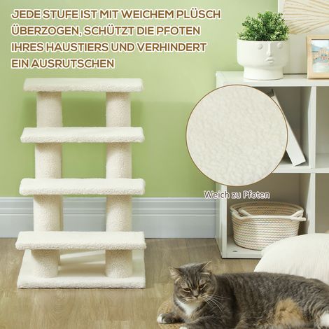 Katzentreppe 4 Stufen Tiertreppe Treppe für Katze Haustiertreppe Hundetreppe aus Plüsch 61 x 41 x 60 cm Cremeweiß (1/4)