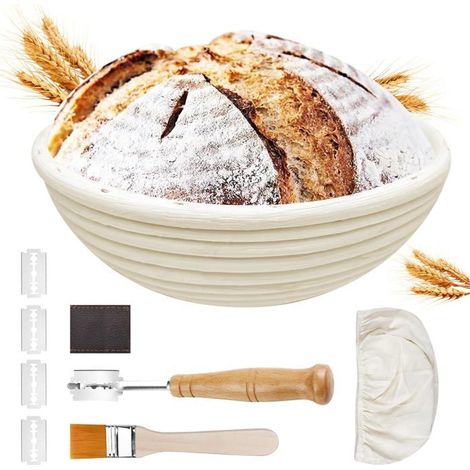 Banneton pour Pain de Fermentation,Banneton à Pain Rond de 22cm,Panier de Fermentation,avec Couteau à Pain,Brosse et Housse en Lin (1/5)