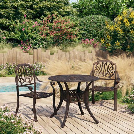 Ensemble bistrot extérieur 3 pièces en aluminium coulé bronze avec trou de parasol - PANGIVO (1/5)