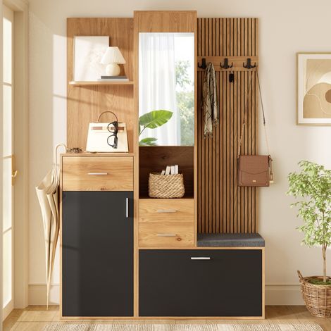 Meuble d'entrée compact armoire à chaussures, porte‑manteau, miroir, banc, LED connecté par app, tiroirs, compartiment rabattable 120x32x178 cm, noir, naturel (1/5)