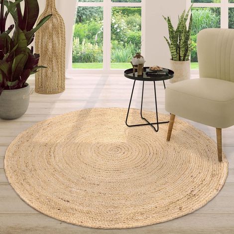 1 tapis rond en jute, style bohème, fait main, bordure moderne, 100 cm de diamètre, couleur ivoire