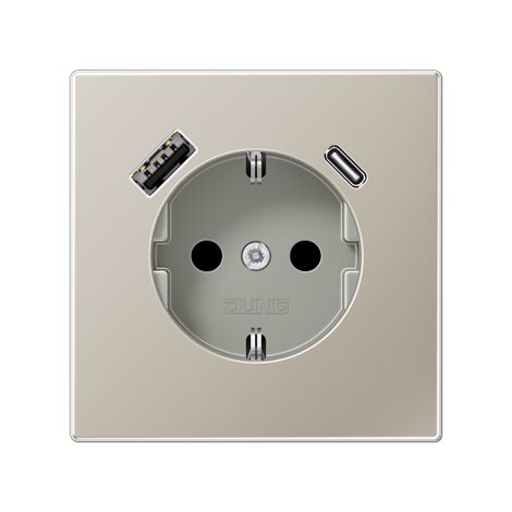 Jung Toma de corriente SCHUKO®, 16 A 250 V , con cargador USB, 1 x tipo A + 1 x tipo C, SAFETY+, serie LS, acero inoxidable ES 1520-15 CA