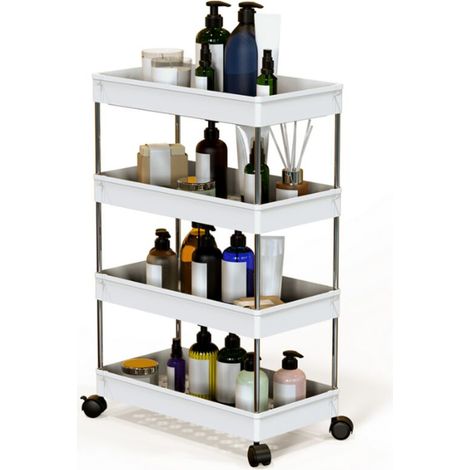 Desserte à 4 niveaux, chariot de rangement, chariot de cuisine, chariot roulant pour cuisine, chambre, bureau, 86x22x40cm, blanc (1/5)