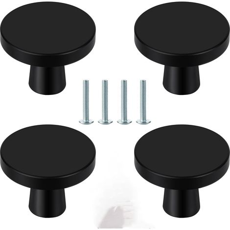 4 Pièces Boutons de Porte, Boutons de Meubles en Noir, Boutons Armoire Ronds, Boutons de Tiroir en Noir, Poignees de Porte de Cuisine pour Commode, Armoire, Meuble, Placard, avec Tournevis