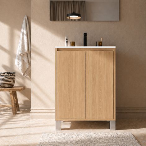 pack meuble salle de bains 50cm chêne clair 2 portes avec vasque céramique blanche - xenos (1/5)