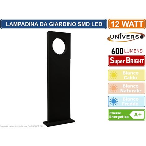LAMPADA LED DA GIARDINO 12W IN ALLUMINIO NERA CON FISSAGGIO A TERRA IP65 LAMPIONE 500MM 600 LUMEN - Colore Luce:Bianco Freddo