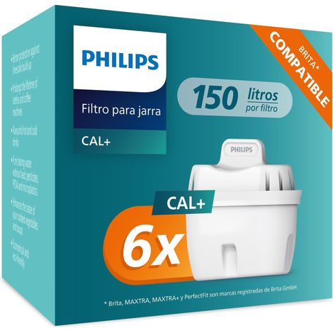 Philips Water Cartuchos de filtro de agua de repuesto SOFTENING+, pack de 6 filtros, compatible con Brita, HASTA UN 50% DE MAYOR REDUCCIÓN DE LA CAL