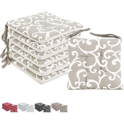 Set 6 cuscini per sedie a 4 punti con lacci - Misura 40x40 cm - Imbottitura in poliestere e rivestimento in cotone e poliestere - Beige con Fantasia (1/5)