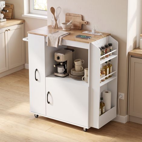 Carrello da Cucina con Presa di Corrente, Mobile con Ruote, Bianco (1/5)