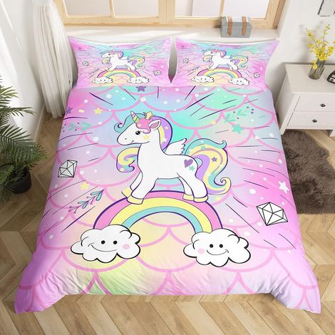 Fille Enfants Ensemble de Literie Mignon Animaux Literie Couverture Rose sirène écailles Housse de Couette 200x200cm arc En Ciel Couette Housse décoration de Chambre Literie (1/5)