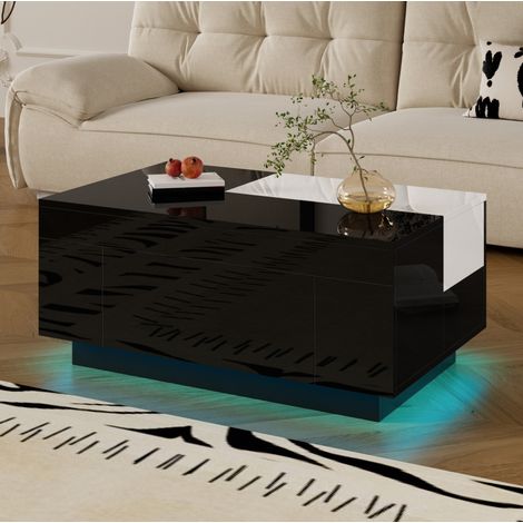 Table basse en MDF noir et blanc brillant 80 cm avec plateau extensible, tiroir et LED (1/5)