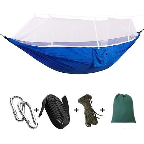 Hamaca portátil para exteriores con mosquitera, hamaca de viaje doble/individual ligera, hamaca de camping de 260 x 140 cm - azul (1/4)