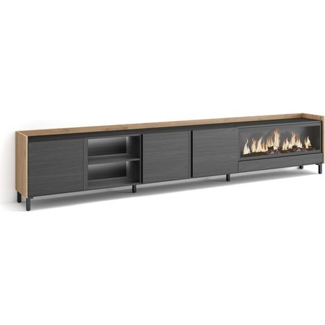 Skraut Home - Mueble TV, Televisión, Muebles de salón, almacenaje, 315x35x61cm, Para TV hasta 80", Chimenea eléctrica XXL, Diseño industrial, LED, Estilo Moderno, Negro y roble (1/5)