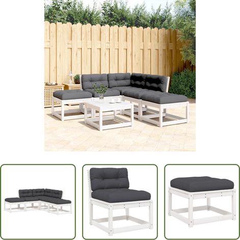 vidaXL Canapé sans accoudoirs - Salon de jardin 5 pcs avec coussins blanc bois massif de pin (1/5)