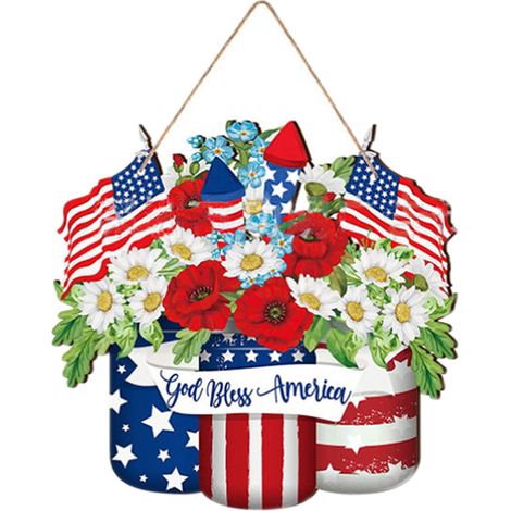 Panneau De Porte Decoration Patriote - Bois Multicolore Pour Fete Nationale Americaine - Accroche Porte Ou Mur - 1 Piece (1/5)