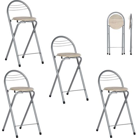 Klappbarer Barhocker 4er-Set mit Rückenlehne, Sitzhöhe 61cm, Holzoptik & Silber (1/5)