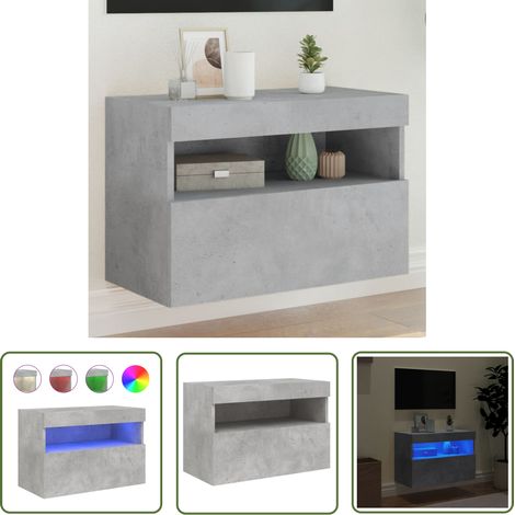 The Living Store Meuble TV mural avec lumières LED gris béton 60x30x40 cm - Meuble Tv Mural - Armoire Tv Suspendue - Éclairage Led Rgb - Rangement Mural - Design Moderne (1/5)