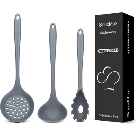 Set d'Ustensiles de Cuisine en Silicone 3 Pièces, Louche à Soupe-Fourchette à Pâtes-Cuillère à Fente, Ustensiles de Cuisine Antiadhésifs Sans BPA et Résistants à la Chaleur pour Mélanger, Servir (1/5)