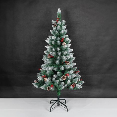 Sapin de Noël artificiel "Haur" effet neige amovible avec houx et pommes de pin Ø100x180cm coloris rouge blanc et vert (1/5)