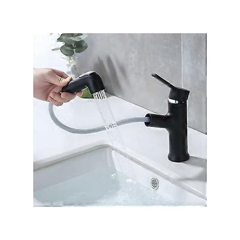 Einhebel-Waschtischarmatur, mattschwarze Badarmatur mit Ausziehbrause für Küche und Bad, Spültischarmatur mit Keramikscheibenventil für