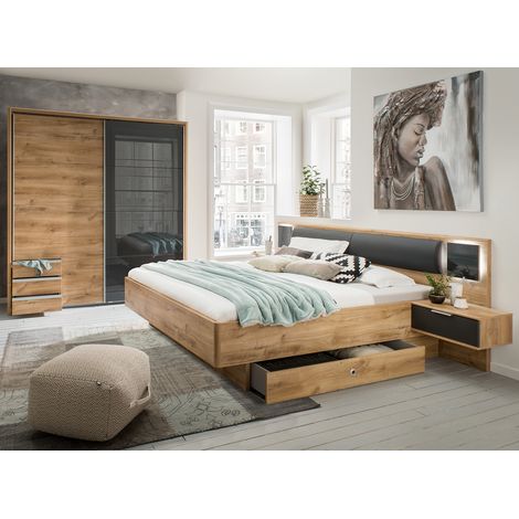 Pegane – Chambre complète adulte 180x200 cm – Lit king size avec éclairage LED – 2 chevets, armoire à portes coulissantes – Imitation chêne graphite (1/4)