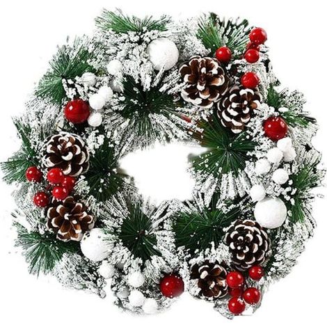 Corona navideña artificial, ramas de pino verdes y blancas decoradas con piñas y uvas festivas, colección navideña, 32 cm. (1/5)