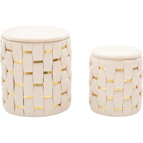 Pouf Contenitore Kasane, set da 2, Forma Rotondo, Colore Struttura oro, 37x37x42h cm Bianco Crema