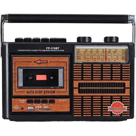 Retro-tragbarer Kassettenplayer und -Recorder mit Vierband-AM/FM/SW1-2-Radio, eingebautem Lautsprecher, 3,5-mm-Kopfhöreranschluss, SD/USB-Eingangsunterstützung (F-319BT)