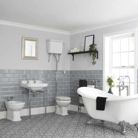 Milano Richmond White Double Ended Freestanding Slipper Bath Ceramic Toilet WC Pan with High Level Cistern Bidet and Bathroom Basin Sink and Washstand - 3 Tap Hole Basin (1/5)