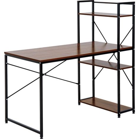 Bureau d'angle avec rangement design Industriel avec bibliothèque 3 étagères panneaux particules aspect noyer métal noir (1/5)