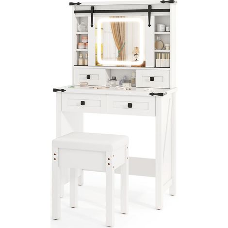 COSTWAY Makeup Vanity Desk Dressing Table & Stool Set w/Mirror and Lights-White (1/5)