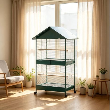 Cage à oiseaux 94x70x158 cm en acier et bois vert foncé, modulable pour intérieur FloraGrace (1/5)