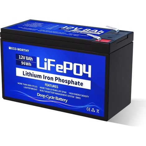 Batterie Lithium 12V 8AH avec Protection BMS et Plus de 3 000 Cycles, Batterie Lifepo4 à décharge Profonde pour Camping Car, Les installations solaires (1/5)