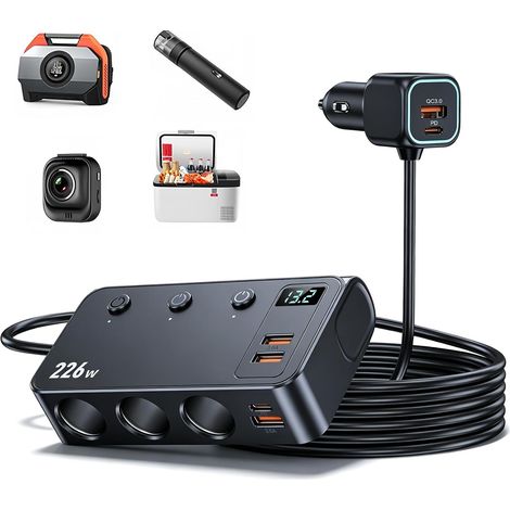 Prise Allume Cigare, 9 en 1 226W Adaptateur Allume Cigare USB avec 3 Prises, 2 Ports USB-C PD et 4 Ports USB, Chargeur Allume Cigare USB pour Voiture 12V-24V, Affichage LED de Tension (1/5)
