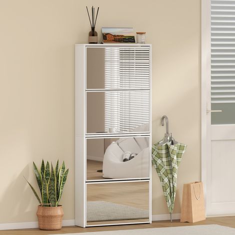 Zapatero Estrecho con Espejo y 4 Puertas Abatibles para 12  Pares de Zapatos 63x17x146 cm Blanco (1/5)