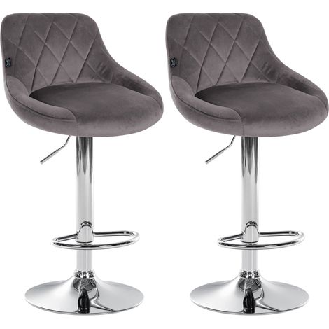 Juego de 2 taburetes de bar con costuras decorativas de rombos, asiento de terciopelo gris y estructura de metal cromado TDB10772